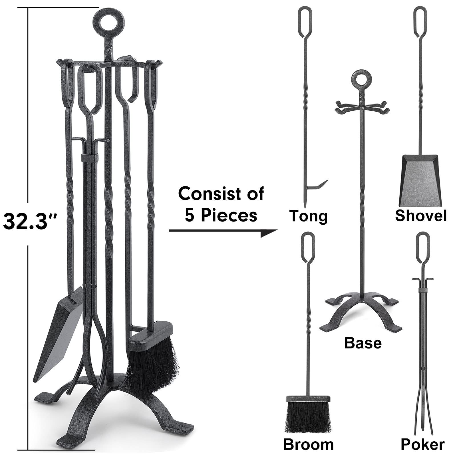 Amagabeli 5 Pieces Fireplace Tools Sets Wrought Iron Indoor Fireplace Set with Poker Tongs Broom Shovel Stand Fire Tools Outdoor Rustic Fire Poker Set Fire Place Hearth Accessories Sets Antique Pewter