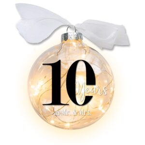 10th Wedding Anniversary Lighted Christmas Ornament with Timer, 10 Years as Mr & Mrs, Gift for Married Couple, Transparent Disc-Shaped with LED Fairy Lights, Battery Operated (10th Anniversary)