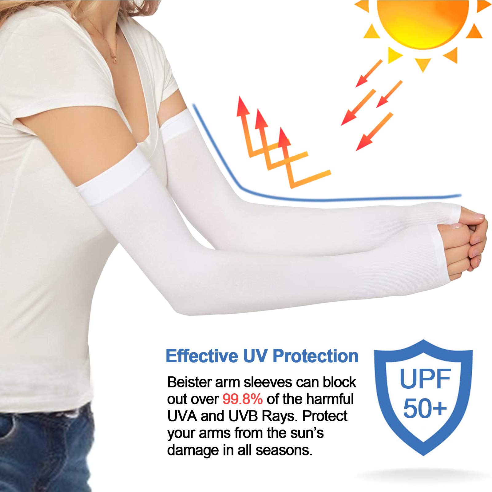 beister UV Protection Cooling Arm Sleeves, Women Men Summer Outdoor Sunblock Arm Cover with Thumb Hole