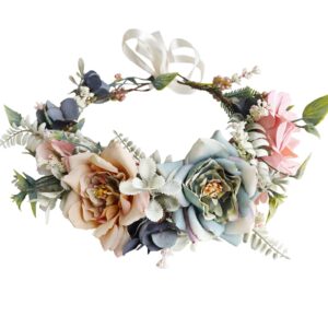 Vivivalue Women Floral Crown Adjustable Flower Headband Hair Wreath Floral Headpiece Halo Boho with Ribbon Wedding Party Photos