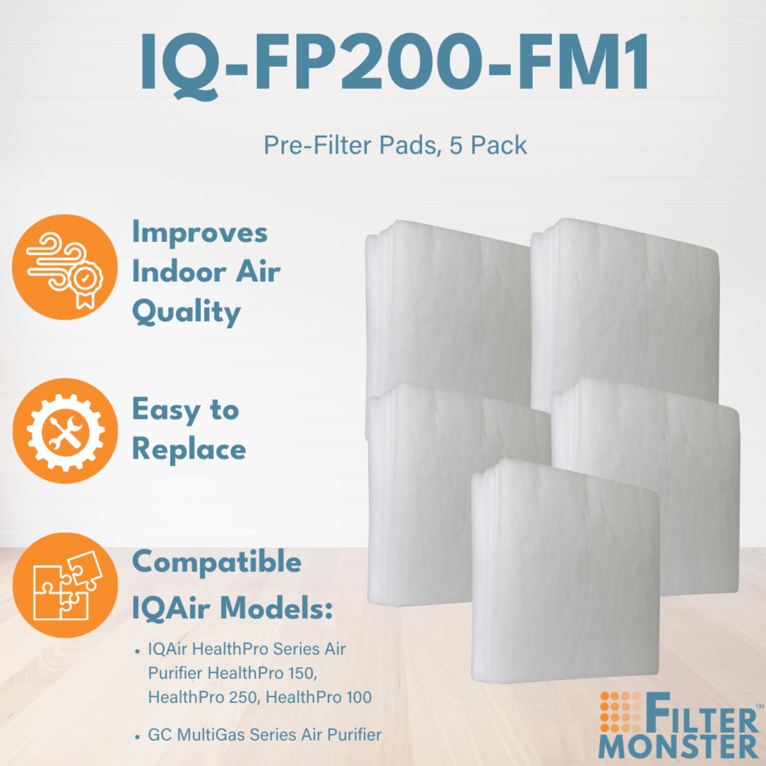 Filter-Monster Branded Replacement Pre-Filter Pad Pack Compatible with IQAir PF40 Coarse Dust Pre-Filtration Kit, 5-Pack