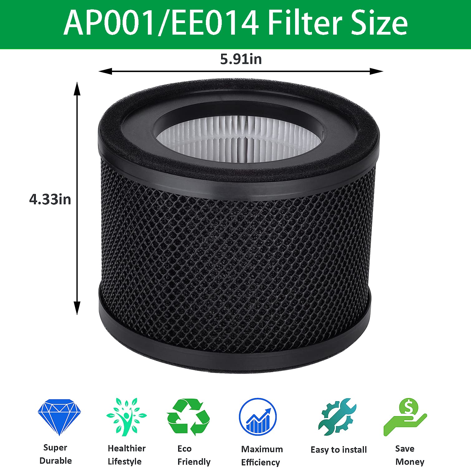 AP001 EE014 Filter, Lichelete 2 Pack True Replacement Filter Compatible with TaoTronics TT-AP001 and VAVA VA-EE014, 3-in-1 Grade True and Activated Carbon Filter(2 Pack)