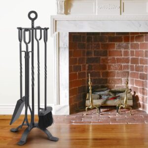 Amagabeli 5 Pieces Fireplace Tools Sets Wrought Iron Indoor Fireplace Set with Poker Tongs Broom Shovel Stand Fire Tools Outdoor Rustic Fire Poker Set Fire Place Hearth Accessories Sets Antique Pewter