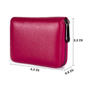 Suweibuke Genuine Leather Credit Card Holder Wallet RFID Blocking Secure Card Case ID Case Organizer Zipper Wallet (A-Rose Red)