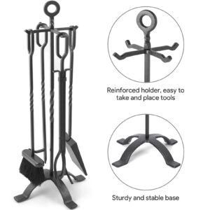 Amagabeli 5 Pieces Fireplace Tools Sets Wrought Iron Indoor Fireplace Set with Poker Tongs Broom Shovel Stand Fire Tools Outdoor Rustic Fire Poker Set Fire Place Hearth Accessories Sets Antique Pewter