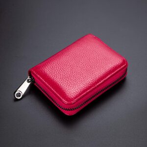 Suweibuke Genuine Leather Credit Card Holder Wallet RFID Blocking Secure Card Case ID Case Organizer Zipper Wallet (A-Rose Red)