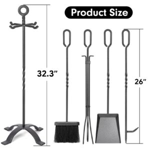 Amagabeli 5 Pieces Fireplace Tools Sets Wrought Iron Indoor Fireplace Set with Poker Tongs Broom Shovel Stand Fire Tools Outdoor Rustic Fire Poker Set Fire Place Hearth Accessories Sets Antique Pewter