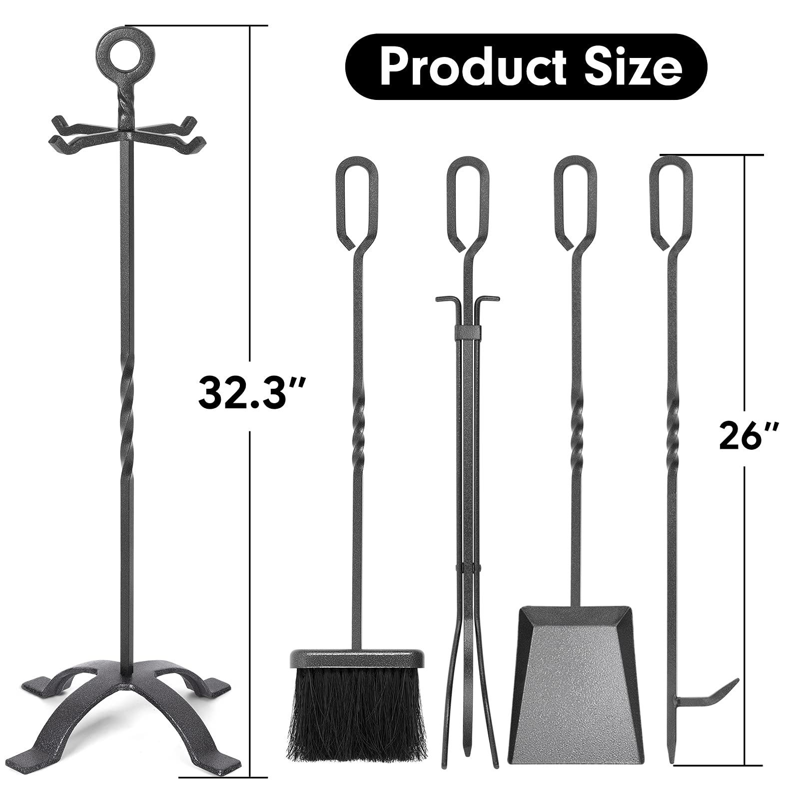 Amagabeli 5 Pieces Fireplace Tools Sets Wrought Iron Indoor Fireplace Set with Poker Tongs Broom Shovel Stand Fire Tools Outdoor Rustic Fire Poker Set Fire Place Hearth Accessories Sets Antique Pewter