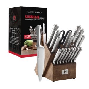 master maison 19-piece kitchen knife set with wooden block and knife sharpener - stainless steel cutlery (silver)