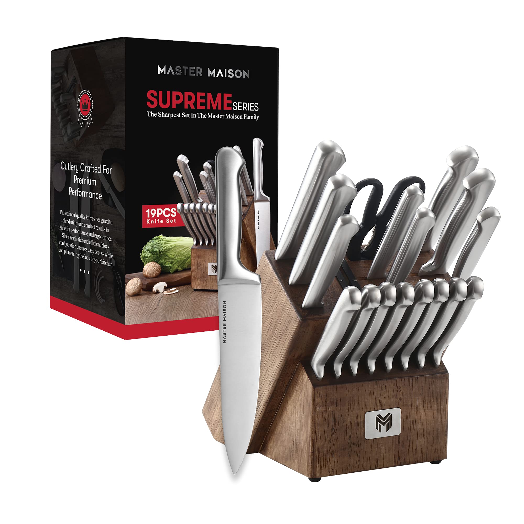 Master Maison 19-Piece Kitchen Knife Set with Wooden Block and Knife Sharpener - Stainless Steel Cutlery (Silver)