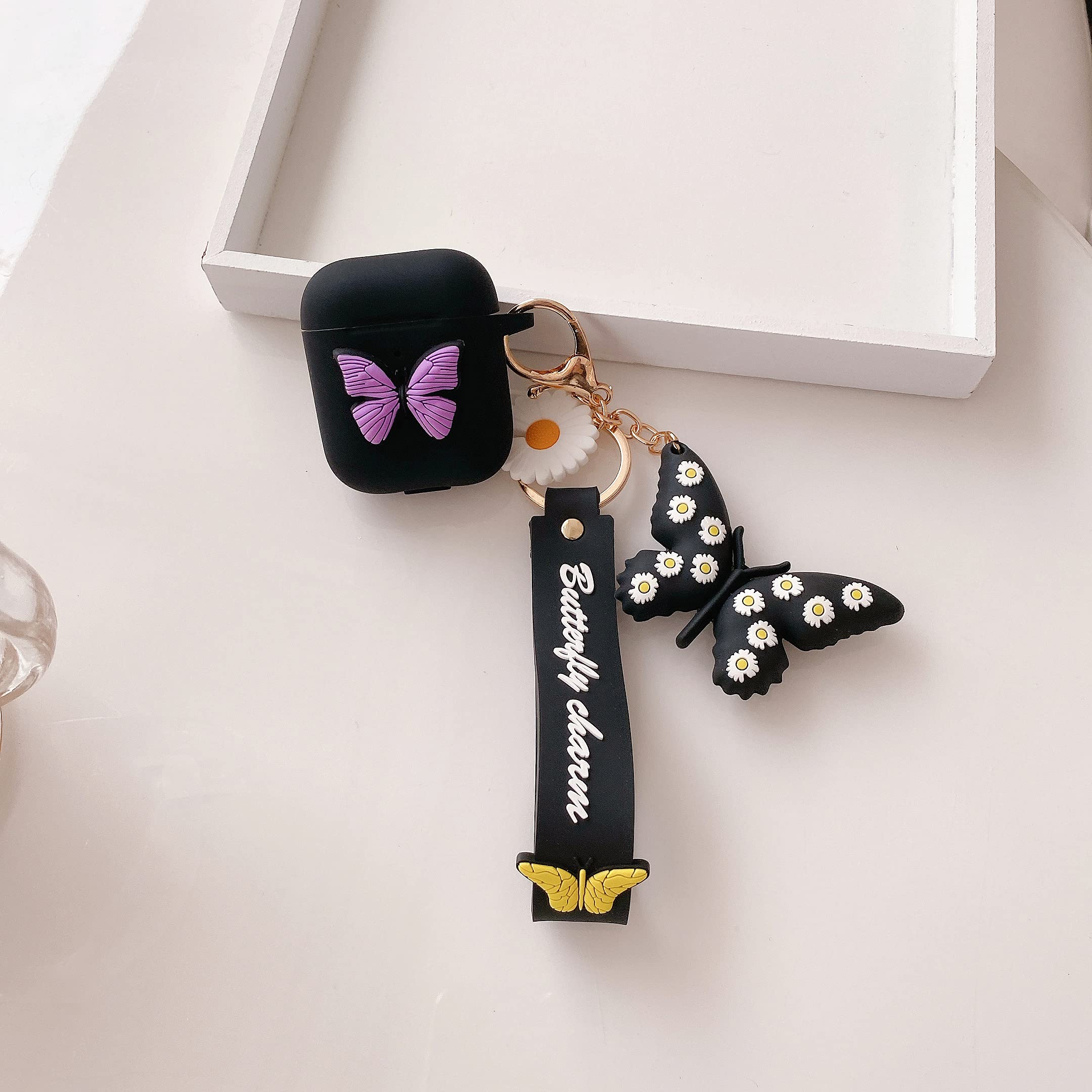 Heniu for Airpod Case, 3D Butterfly Silicone Airpods Case Cute Cover with Keychain Compatible for Apple Airpods 2&1 Charging Case-Black