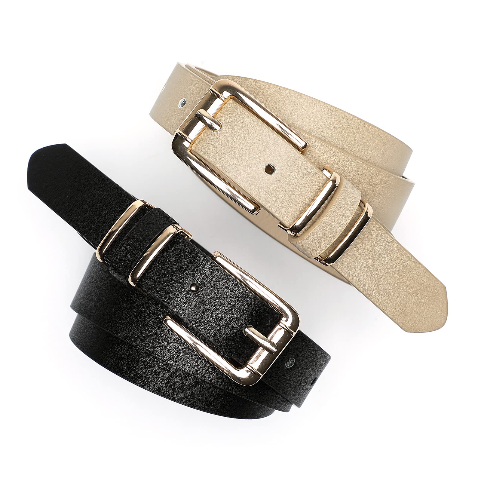 IFENDEI Women Waist Belts for Dresses Thin Black Skinny Leather Belts with Gold Pin Buckle Beige Small