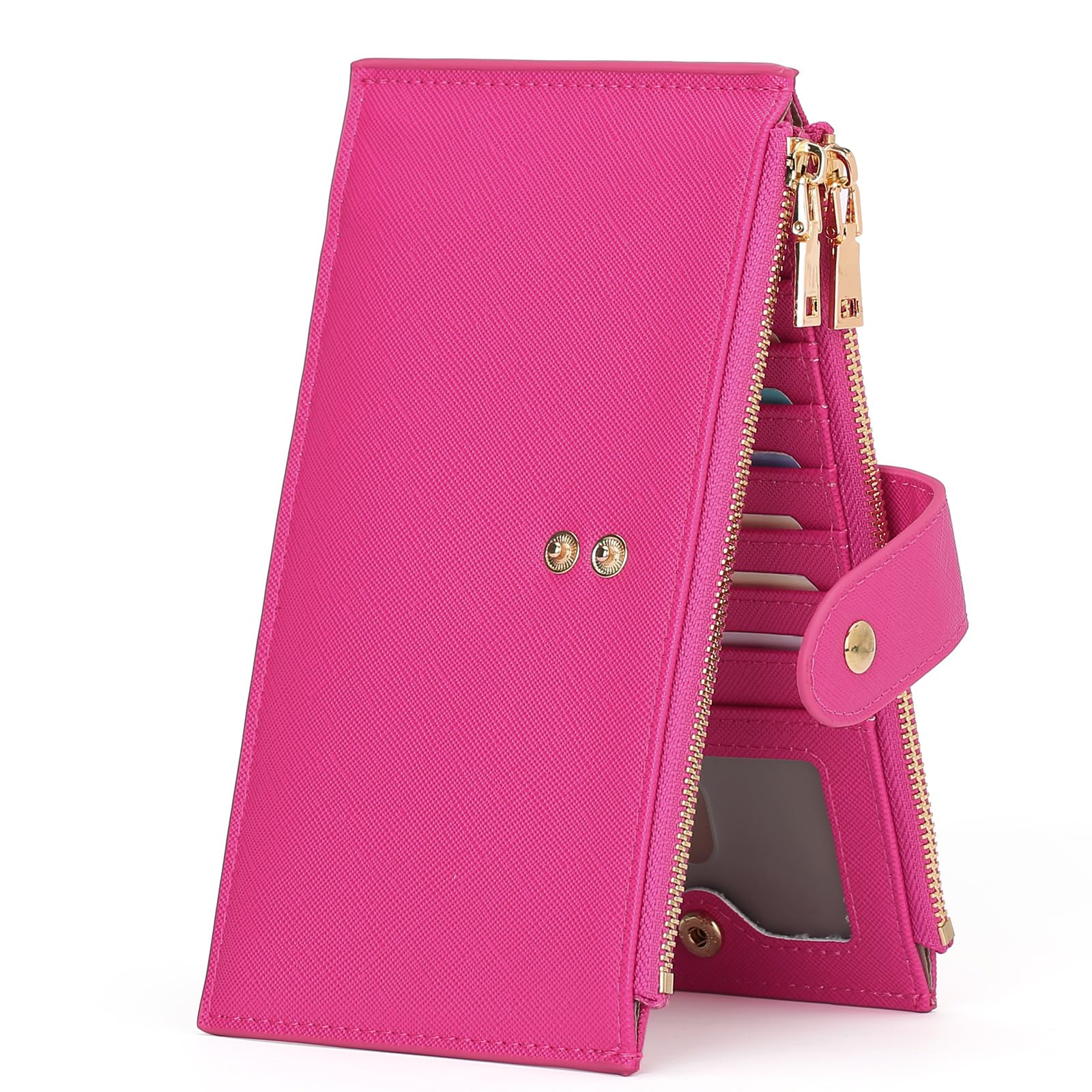 GOIACII Womens Wallet Rfid Blocking Bifold Credit Card Holder with 2 Zipper Pockets Fuchsia