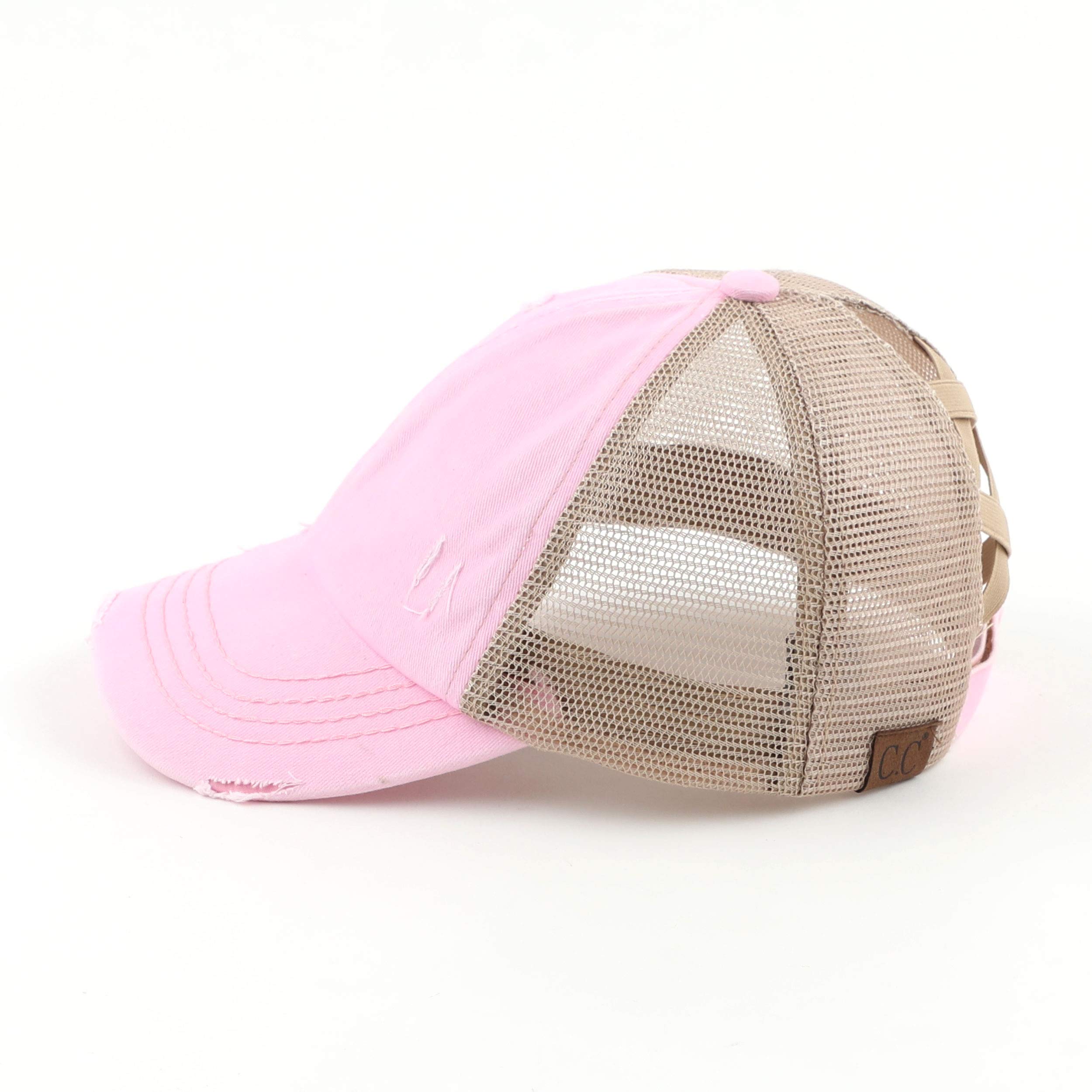 C.C Exclusives Washed Distressed Cotton Denim Criss-Cross Ponytail Hat Baseball Cap Bundle Hair Tie (BT-780)(BT-791) (A Elastic Band-Baby Pink)