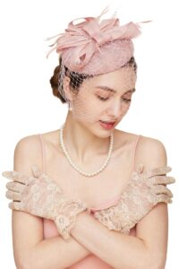 gionforsy pillbox fascinator veil feather derby hat lace gloves pearl necklace (style 8-pink)