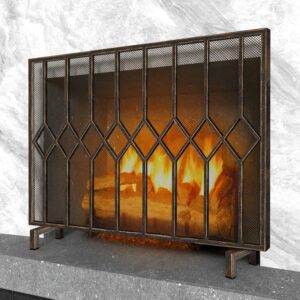 AMAGABELI GARDEN & HOME Decorative Fireplace Screen for Wood Burning Fireplace Stove Wrought Iron Flat Single Panel Stand Alone Cover, Fire Spark Guard Safety Mesh Modern Indoor Outdoor Brass Bronze