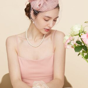 Gionforsy Pillbox Fascinator Veil Feather Derby Hat Lace Gloves Pearl Necklace (Style 8-Pink)