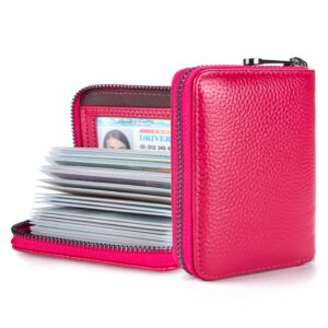 Suweibuke Genuine Leather Credit Card Holder Wallet RFID Blocking Secure Card Case ID Case Organizer Zipper Wallet (A-Rose Red)