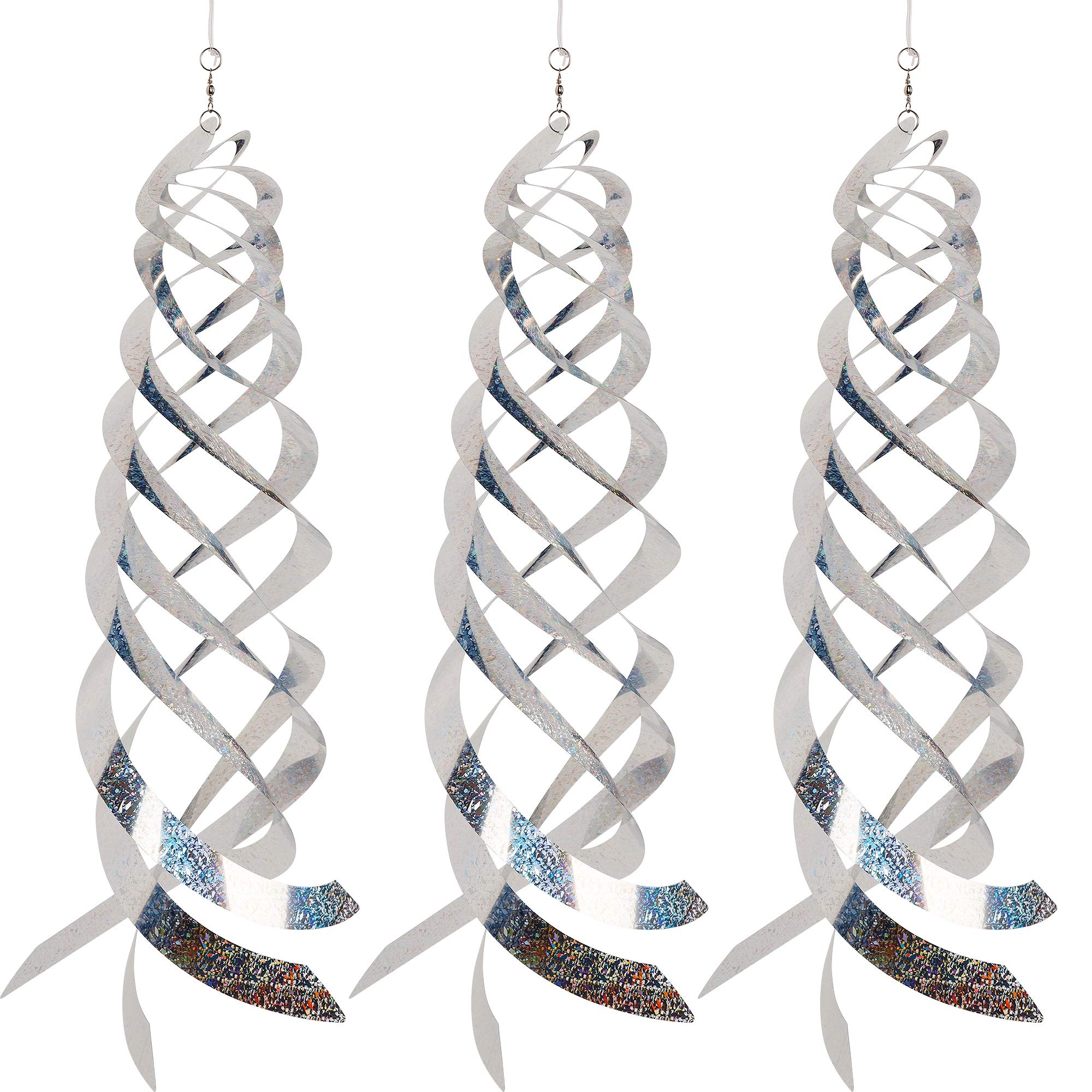 Hausse Bird Repellent Spiral Reflectors Silver Mylar Spinner, Hanging Reflective Bird Deterrent Device, Garden Decorative Scare Birds Away, Like Woodpeckers, Pigeons and Geese, 3 Pack