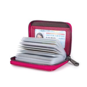 Suweibuke Genuine Leather Credit Card Holder Wallet RFID Blocking Secure Card Case ID Case Organizer Zipper Wallet (A-Rose Red)