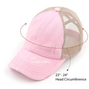 C.C Exclusives Washed Distressed Cotton Denim Criss-Cross Ponytail Hat Baseball Cap Bundle Hair Tie (BT-780)(BT-791) (A Elastic Band-Baby Pink)