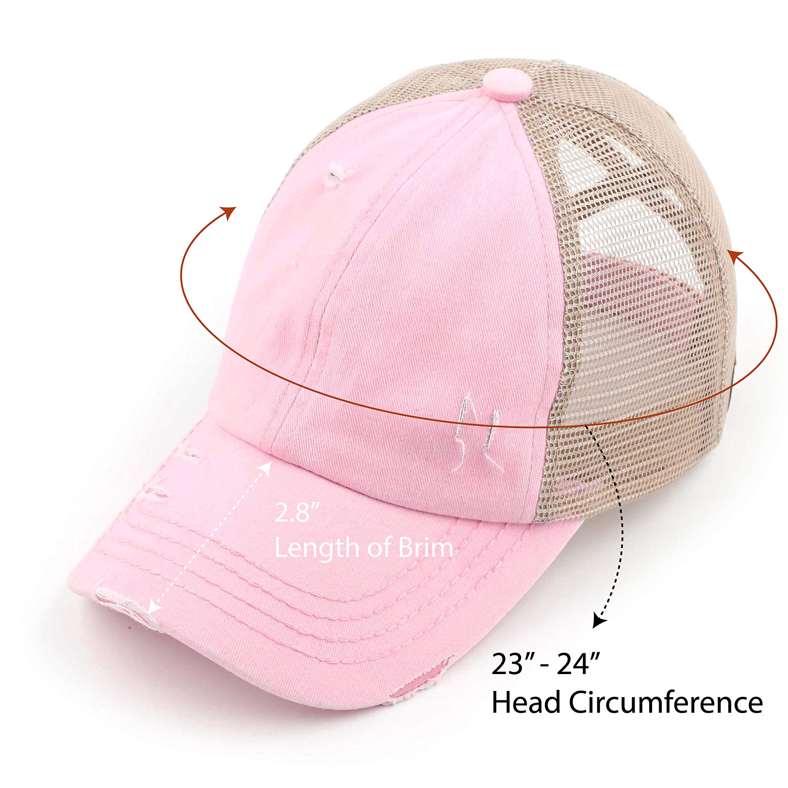 C.C Exclusives Washed Distressed Cotton Denim Criss-Cross Ponytail Hat Baseball Cap Bundle Hair Tie (BT-780)(BT-791) (A Elastic Band-Baby Pink)