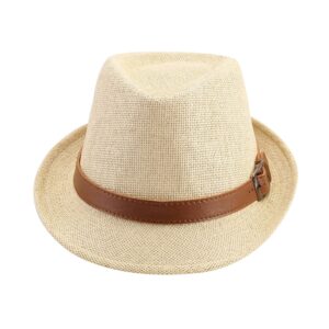 FALETO Straw Fedora Hat Classic Panama Trilby Hats Short Brim Sun Hat for Men Women Beige