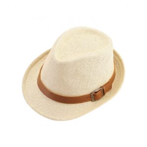 FALETO Straw Fedora Hat Classic Panama Trilby Hats Short Brim Sun Hat for Men Women Beige