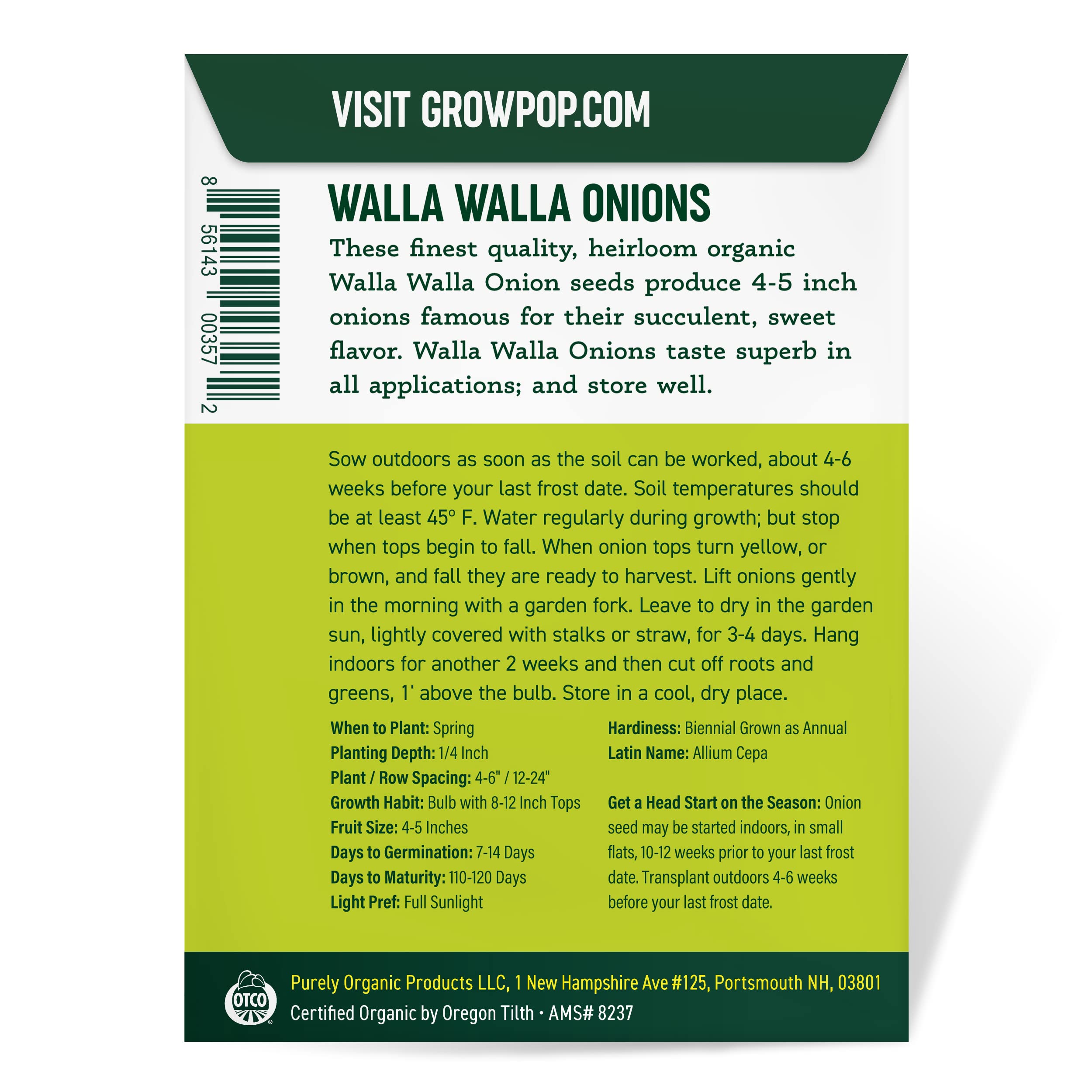 Organic Onion Seeds (Walla Walla) - Approx 200 Seeds - USDA Organic, Non-GMO, Open Pollinated, Heirloom, USA Origin