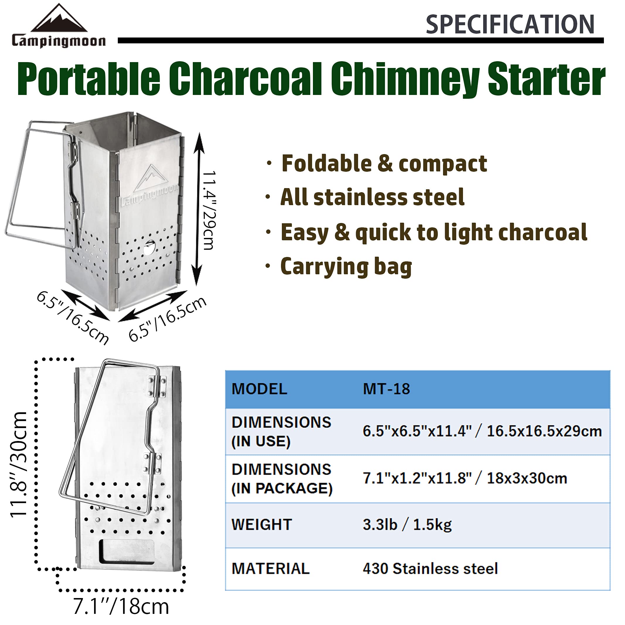 camping moon Portable Charcoal Chimney Starter Stainless Steel MT-18