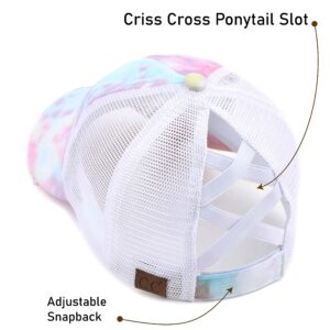 C.C Exclusives Washed Distressed Cotton Denim Criss-Cross Ponytail Hat Baseball Cap Bundle Hair Tie (BT-924) (A Elastic Band-Tie-Dye Cotton Candy with Mesh)