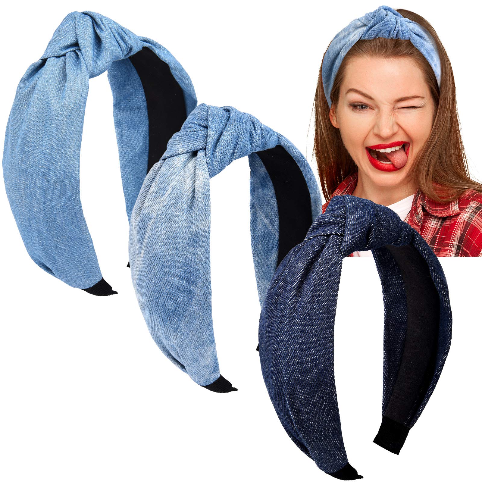 Giegxin 3 Pieces Jean Denim Headband Knot Headband for Women Hair Band Elastic Knotted Blue Headbands Hair Accessories Headwear for Women, 3 Colors