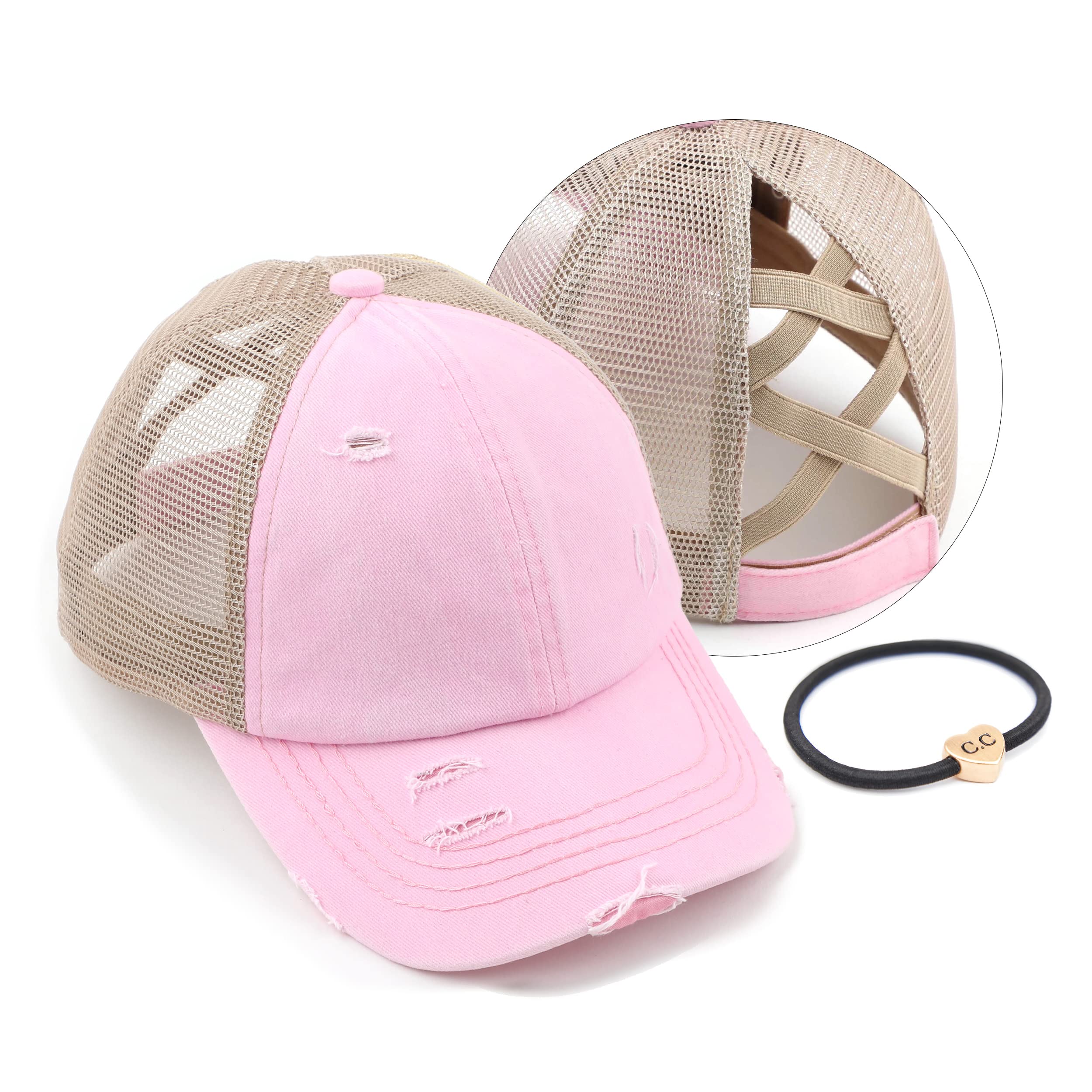 C.C Exclusives Washed Distressed Cotton Denim Criss-Cross Ponytail Hat Baseball Cap Bundle Hair Tie (BT-780)(BT-791) (A Elastic Band-Baby Pink)