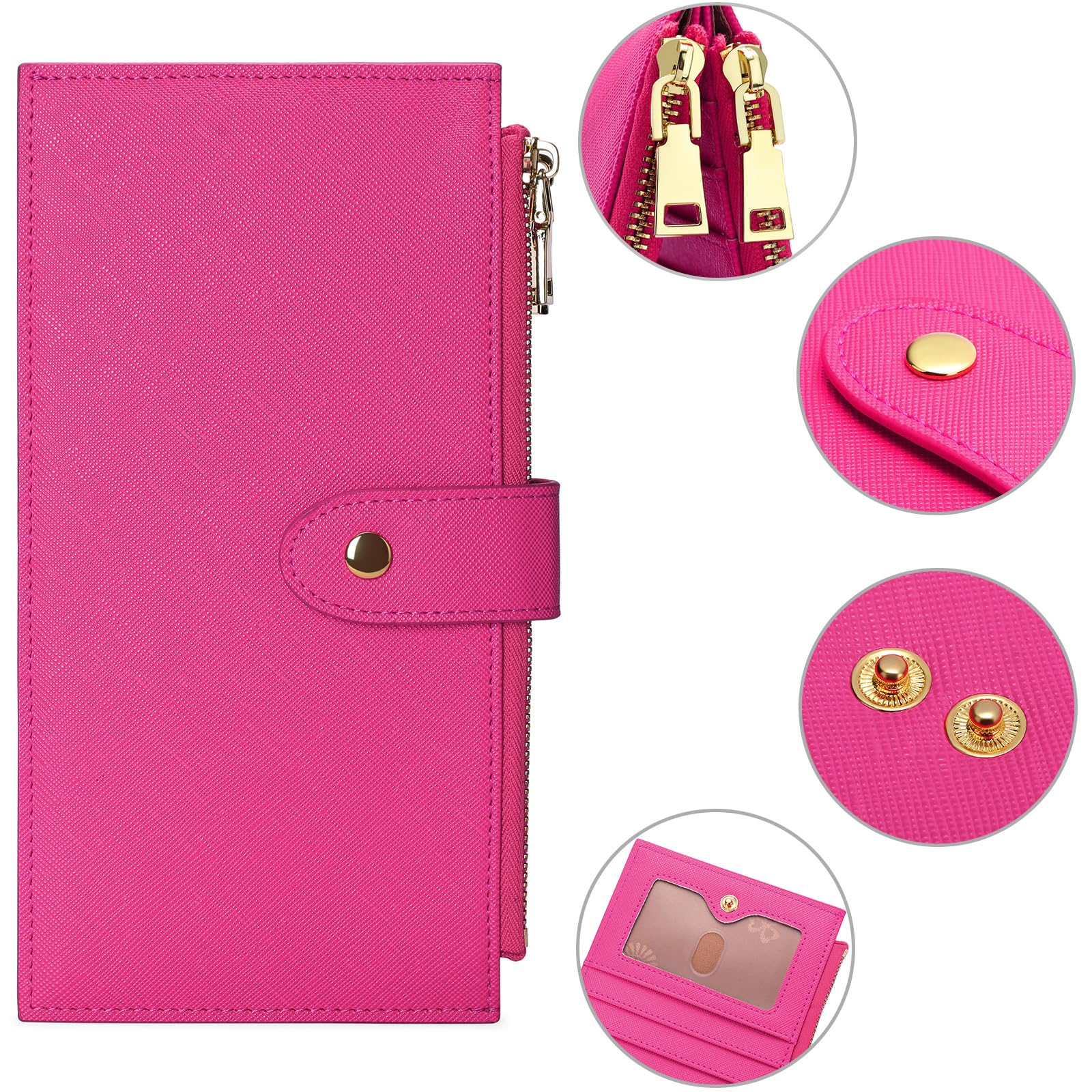 GOIACII Womens Wallet Rfid Blocking Bifold Credit Card Holder with 2 Zipper Pockets Fuchsia