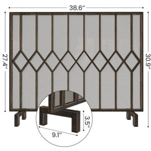 AMAGABELI GARDEN & HOME Decorative Fireplace Screen for Wood Burning Fireplace Stove Wrought Iron Flat Single Panel Stand Alone Cover, Fire Spark Guard Safety Mesh Modern Indoor Outdoor Brass Bronze