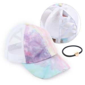 c.c exclusives washed distressed cotton denim criss-cross ponytail hat baseball cap bundle hair tie (bt-924) (a elastic band-tie-dye cotton candy with mesh)