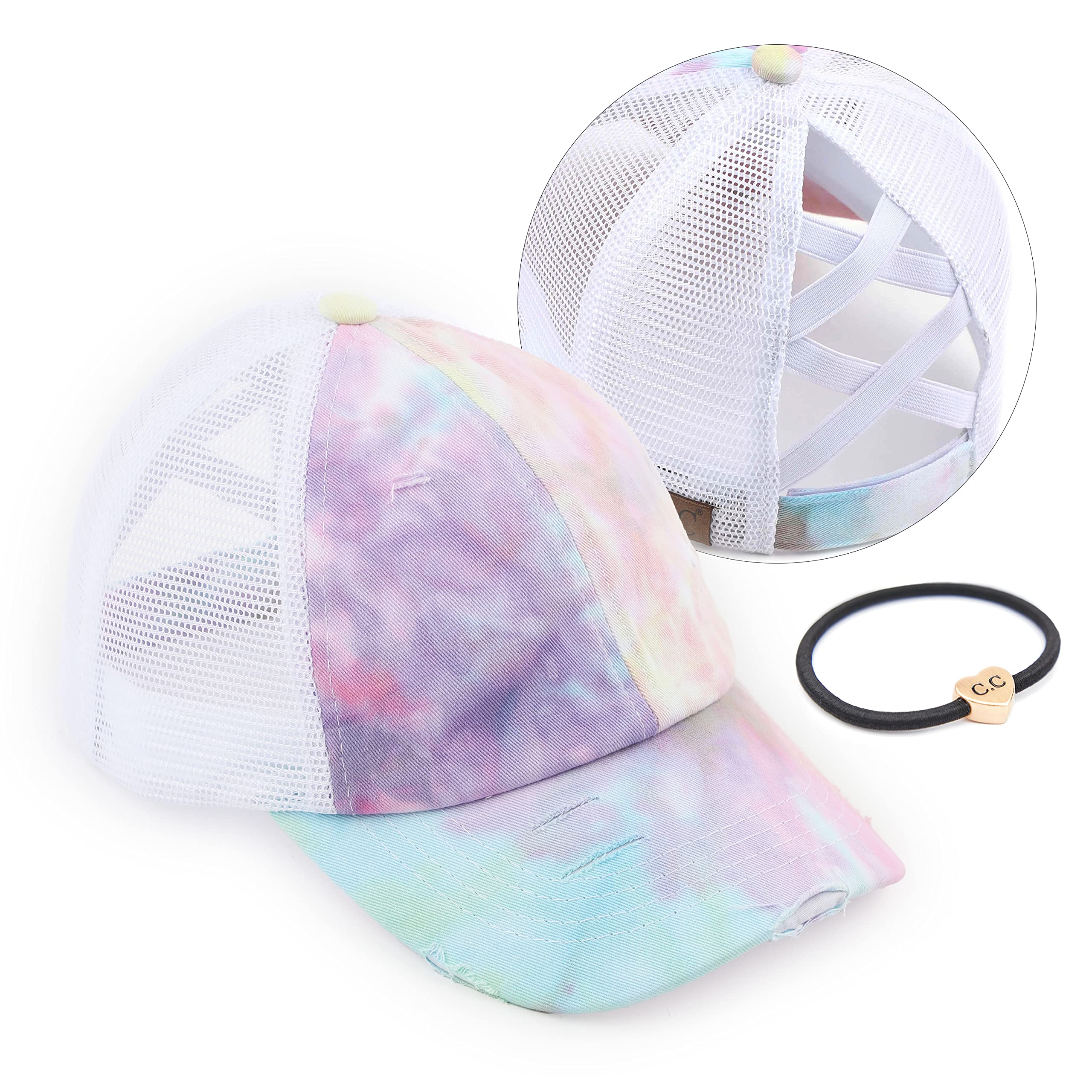 C.C Exclusives Washed Distressed Cotton Denim Criss-Cross Ponytail Hat Baseball Cap Bundle Hair Tie (BT-924) (A Elastic Band-Tie-Dye Cotton Candy with Mesh)