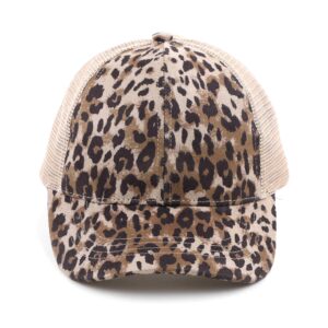 C.C Exclusives Washed Distressed Cotton Denim Criss-Cross Ponytail Hat Baseball Cap Bundle Hair Tie (BT-780)(BT-791) (A Elastic Band-Leopard/Beige)