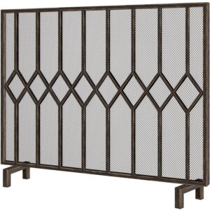 amagabeli garden & home decorative fireplace screen for wood burning fireplace stove wrought iron flat single panel stand alone cover, fire spark guard safety mesh modern indoor outdoor brass bronze