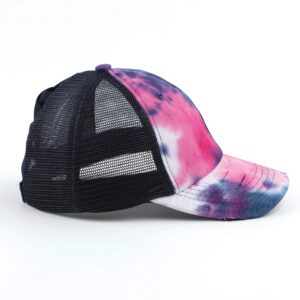 C.C Exclusives Washed Distressed Cotton Denim Criss-Cross Ponytail Hat Baseball Cap Bundle Hair Tie (BT-924) (A Elastic Band-Tie-Dye Navy with Mesh)