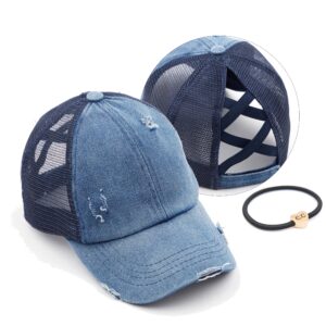 c.c exclusives washed distressed cotton denim criss-cross ponytail hat baseball cap bundle hair tie (bt-780)(bt-791) (a elastic band-denim/navy)