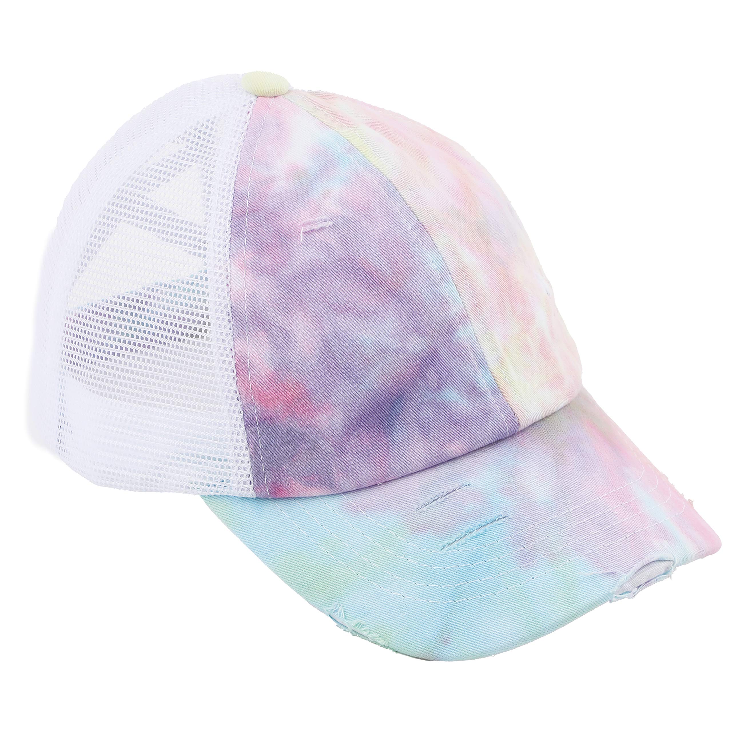 C.C Exclusives Washed Distressed Cotton Denim Criss-Cross Ponytail Hat Baseball Cap Bundle Hair Tie (BT-924) (A Elastic Band-Tie-Dye Cotton Candy with Mesh)