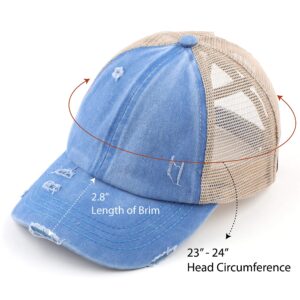 C.C Exclusives Washed Distressed Cotton Denim Criss-Cross Ponytail Hat Baseball Cap Bundle Hair Tie (BT-780)(BT-791) (A Elastic Band-Blue Moon)