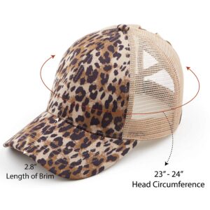 C.C Exclusives Washed Distressed Cotton Denim Criss-Cross Ponytail Hat Baseball Cap Bundle Hair Tie (BT-780)(BT-791) (A Elastic Band-Leopard/Beige)