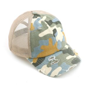 C.C Exclusives Washed Distressed Cotton Denim Criss-Cross Ponytail Hat Baseball Cap Bundle Hair Tie (BT-783) (A Elastic Band-Beige/Camo)