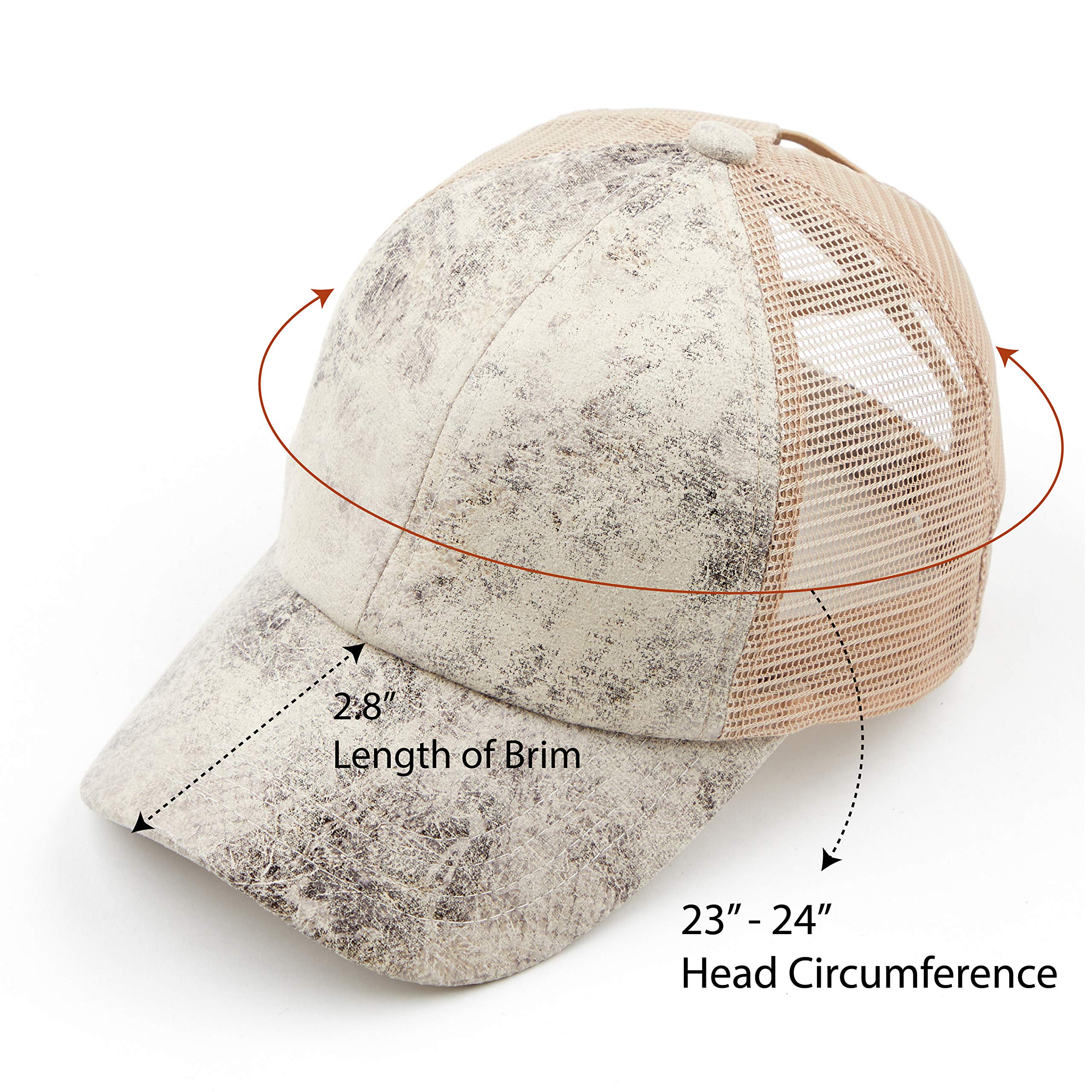 C.C Exclusives Washed Distressed Cotton Denim Criss-Cross Ponytail Hat Baseball Cap Bundle Hair Tie (BT-923) (A Elastic Band-Vintage Faux Leather Beige)