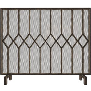 AMAGABELI GARDEN & HOME Decorative Fireplace Screen for Wood Burning Fireplace Stove Wrought Iron Flat Single Panel Stand Alone Cover, Fire Spark Guard Safety Mesh Modern Indoor Outdoor Brass Bronze