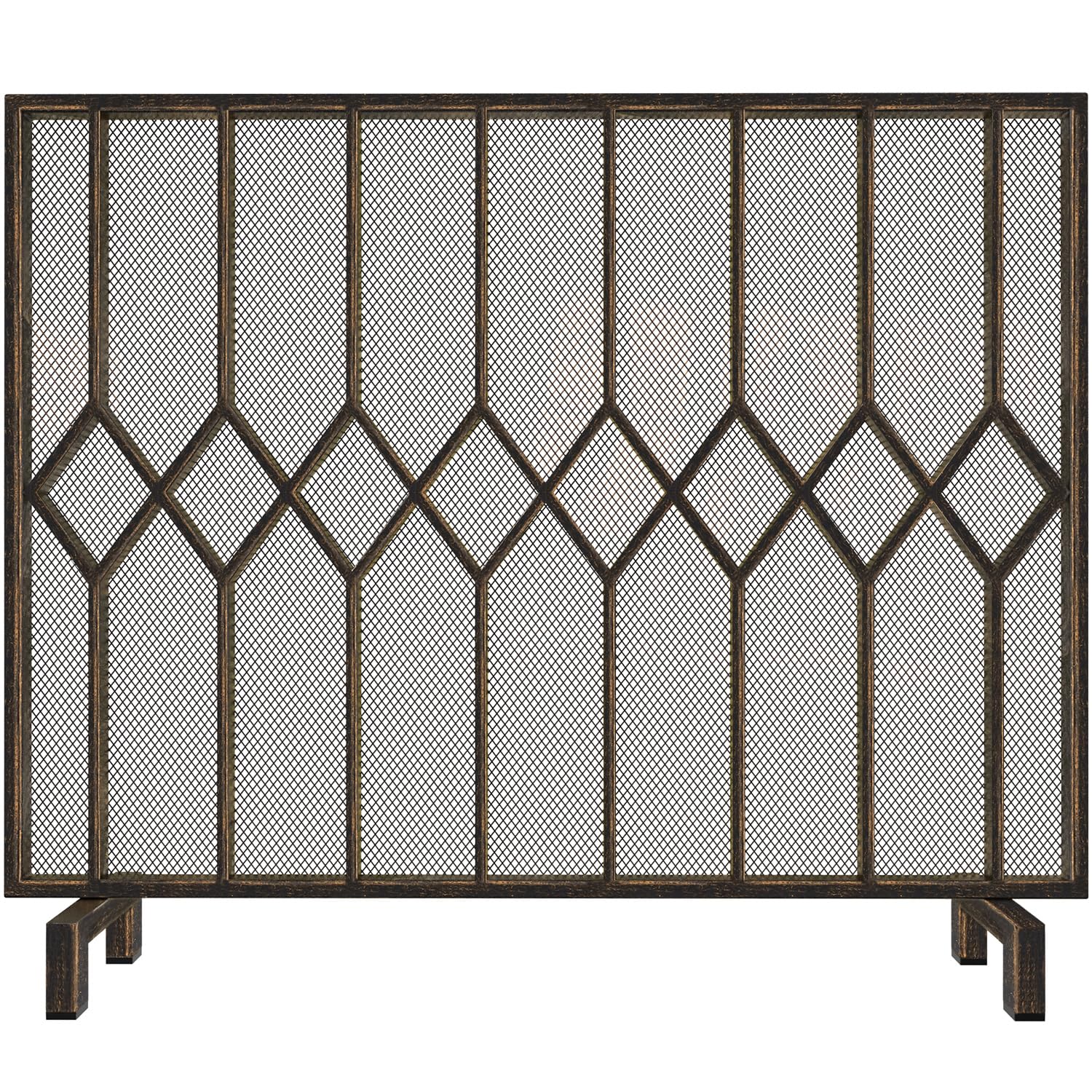 AMAGABELI GARDEN & HOME Decorative Fireplace Screen for Wood Burning Fireplace Stove Wrought Iron Flat Single Panel Stand Alone Cover, Fire Spark Guard Safety Mesh Modern Indoor Outdoor Brass Bronze