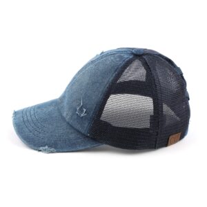 C.C Exclusives Washed Distressed Cotton Denim Criss-Cross Ponytail Hat Baseball Cap Bundle Hair Tie (BT-780)(BT-791) (A Elastic Band-Denim/Navy)