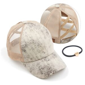 c.c exclusives washed distressed cotton denim criss-cross ponytail hat baseball cap bundle hair tie (bt-923) (a elastic band-vintage faux leather beige)